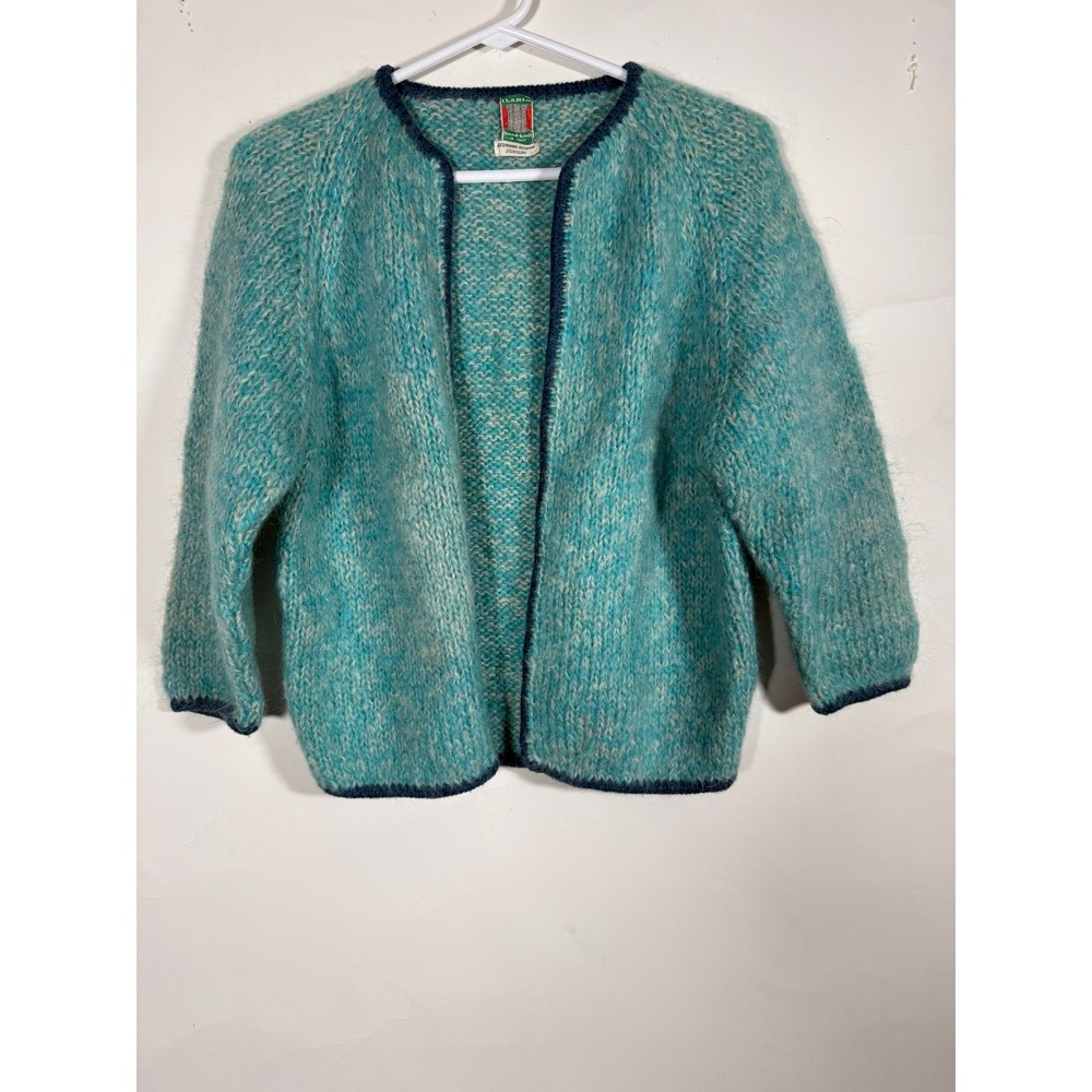 Ilaria Vintage Hand Knit Mohair Wool Cardigan Sweater Teal Blue Italy Womens
